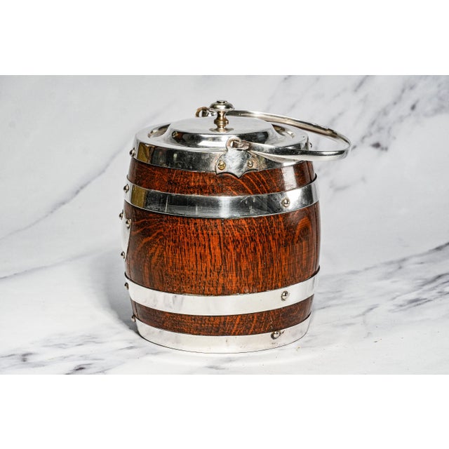 Charming Antique English Silverplate Dark Oak Biscuit Jar With Porcelain Lining Shield Home Decor For Sale In New York - Image 6 of 12