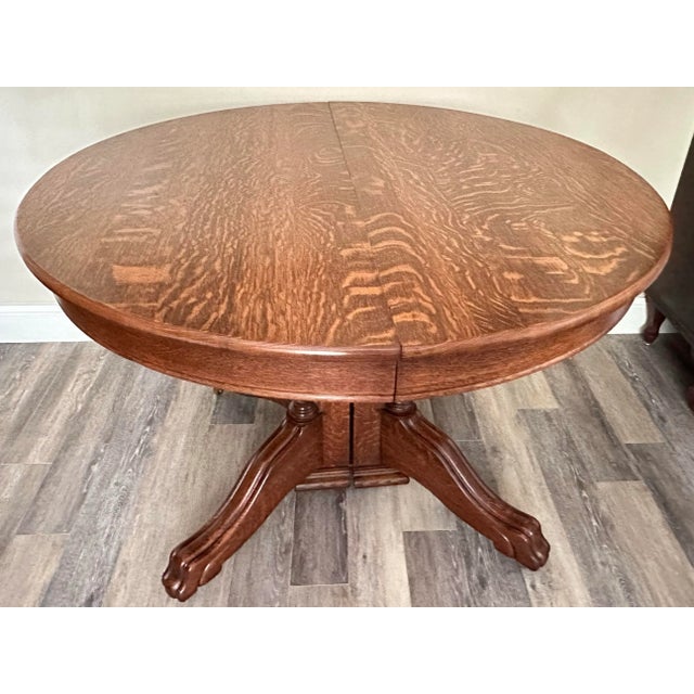 Early 20th Century Antique 20th Century Tiger Oak Split Pedestal Table With Ornate Carvings & Paw Feet For Sale - Image 5 of 12