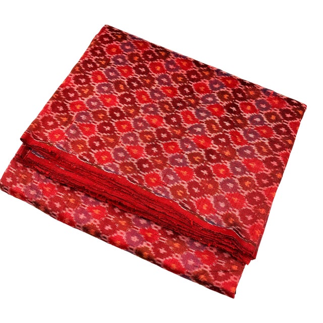 Red Raw Silk Ikat Fabric Hand Spun Woven 7 Yards X 46 Inch Multicolor Green Blue Yellow For Sale