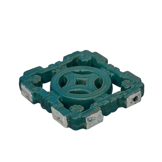 Chinese Chinese Ru-Yi Coin Turquoise Green Mix Glaze Wall Floor Clay Tile For Sale - Image 3 of 9