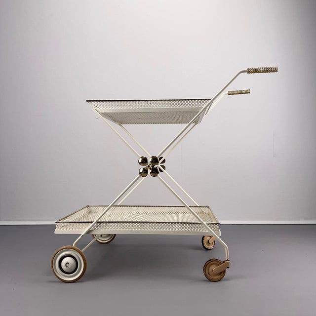 Gold White Serving Trolley in Perforated Sheet Metal attributed to Vereinigte Werkstätten München, Germany, 1950s. For Sale - Image 8 of 11