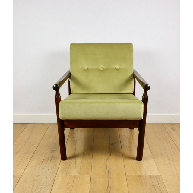 Stobrawa wooden armchair in brown vintage olive colour. 2 pieces available. A 1970s armchair with removable cushions....