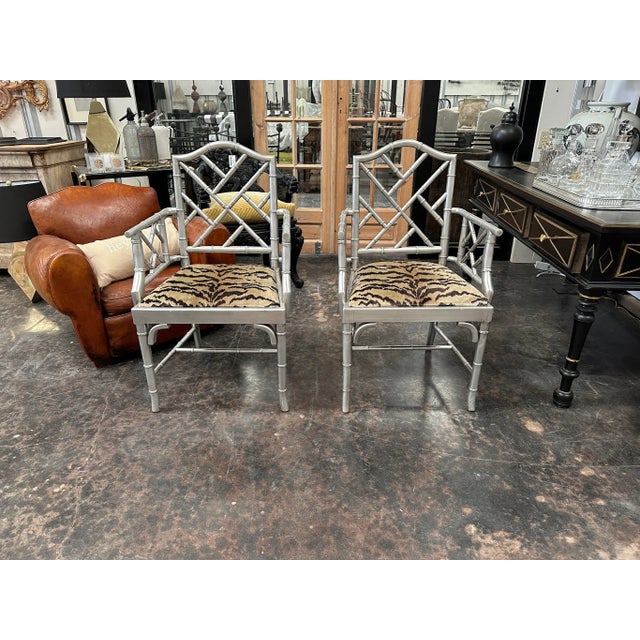 Wood Vintage Chippendale Faux Bamboo Arm Chairs - a Pair For Sale - Image 7 of 8