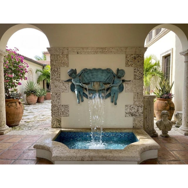 Verdigris Vintage Bronze Wall Fountain With Cherubs and Scallop Shell For Sale - Image 8 of 12