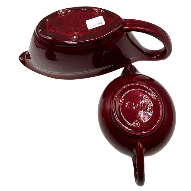 Bauer 1950s Mid-Century Modern Burgundy "La Linda" Gravy Boat, Creamer, Salt Shaker Set by Bauer For Sale - Image 4 of 11