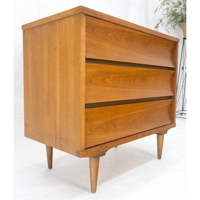 Compact 3 Drawer Walnut Concave Drawer Front Mid Century Bachelor Chest Dresser For Sale - Image 16 of 16