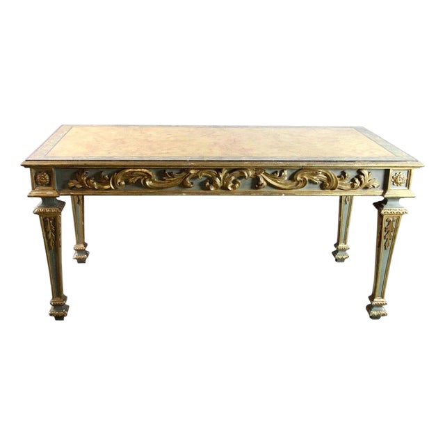 19th Century Italian Carved Green and Gilt Foyer Table with Faux Marble Top For Sale