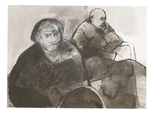 Ruth Schloss, Two Sitting Old People, 1990, Mixed Media Drawing on Paper