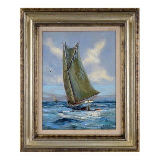 Sloop Headed Out to Sea - Seascape in Oil on Canvas For Sale