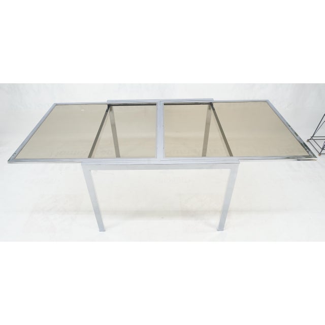 Late 20th Century Flip Top 40" Square Crome Base Smoked Glass Top Dining Table 84" Extended Clean! For Sale - Image 5 of 18