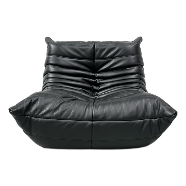 French Black Leather Togo Lounge Chair by Michel Ducaroy for Ligne Roset, 1970s For Sale