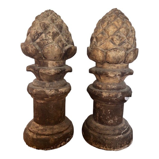Vintage Pair of Carved Garden Acorns on Pedestal For Sale