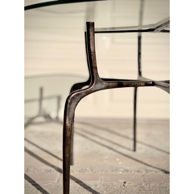 Metal Sculptural Antique Bronzed Iron Legs Round 48” Glass Top Cyrano Dining Table by Made Goods For Sale - Image 7 of 11