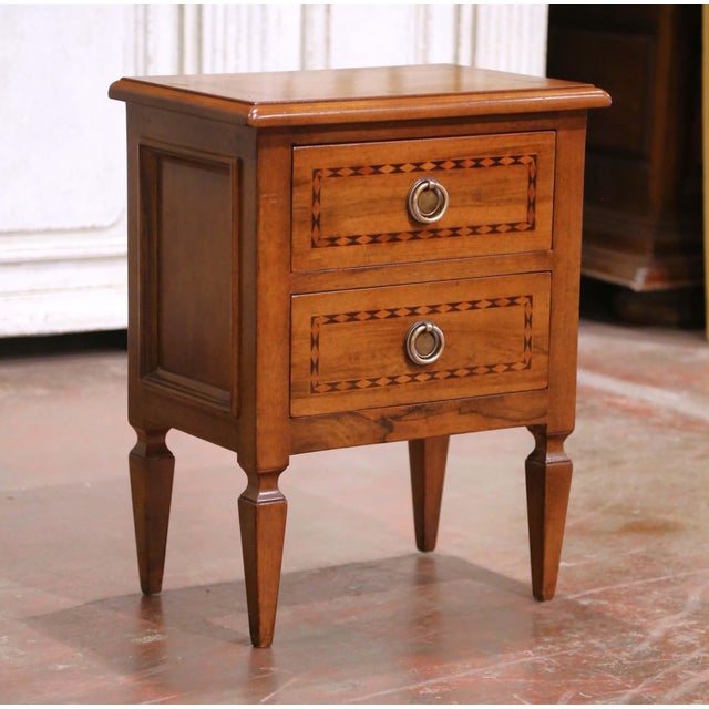 French Pair of 20th C. Louis XVI Style Inlaid Walnut Nightstands With Parquetry Detail For Sale - Image 3 of 11