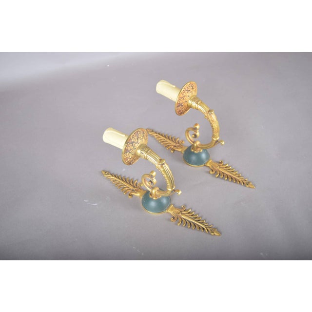 Gilded Brass Scroll-Arm Wall Sconces with Teal Details, 1950s, Set of 2 For Sale - Image 3 of 12