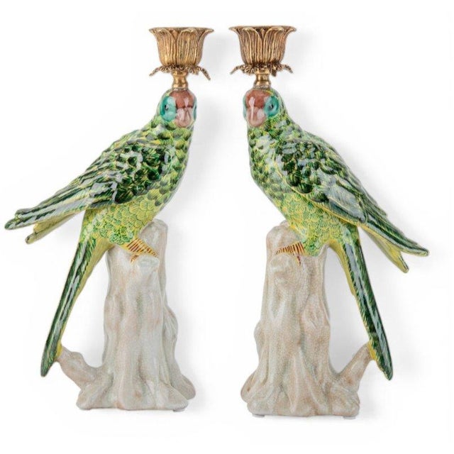 Early 21st Century Green Porcelain Parrot Candleholder Pair With Bronze Ormolu For Sale - Image 5 of 9