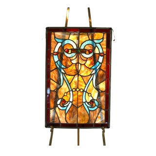 Arts & Crafts Leaded Slag & Jeweled Stained Glass Window with Stylized Owl, Circa 1920 For Sale