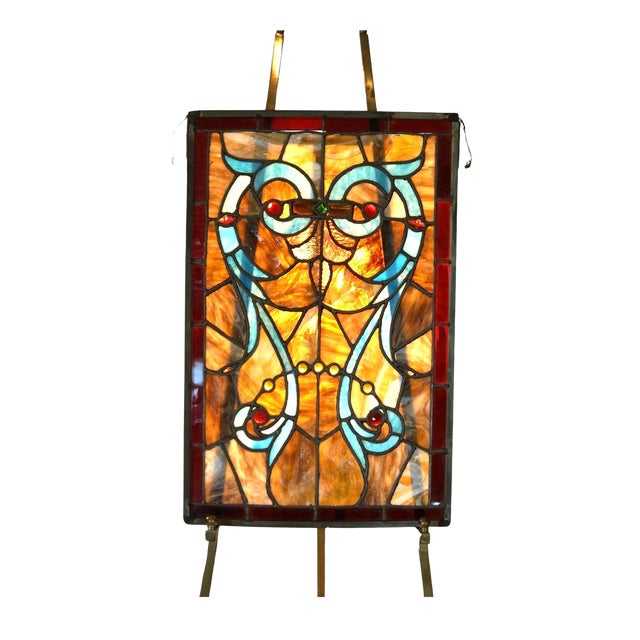 Arts & Crafts Leaded Slag & Jeweled Stained Glass Window with Stylized Owl, Circa 1920 For Sale