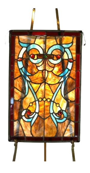 Arts & Crafts Leaded Slag & Jeweled Stained Glass Window with Stylized Owl, Circa 1920