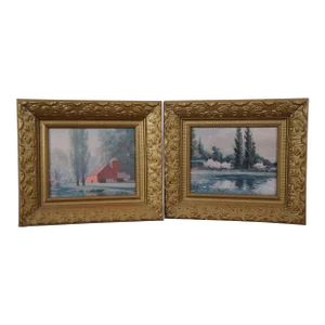 Set of 2 Vintage Detlefsen & Wood Farmhouse Landscape Prints on Board, Framed