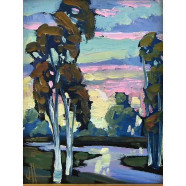 William Hawkins Listed Artist Winding Stream & Colorful Landscape Painting Include the Antiqued Gold Wood Frame For Sale - Image 4 of 7