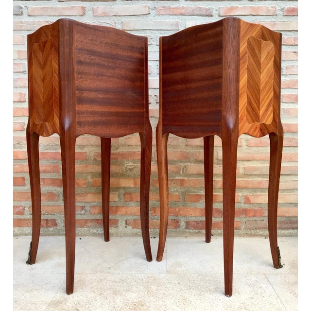 Pair of French Louis XV Style Marquetry Bedside Tables with Three Drawers, 1920s For Sale - Image 13 of 13