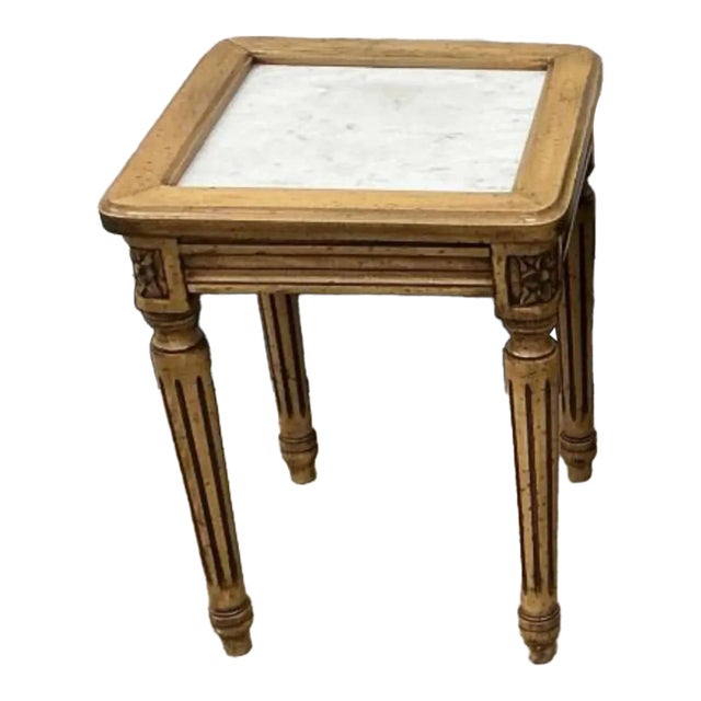 Pair of Mid Century French Style Fruitwood and Marble Top Inserts Candle Stands / Side Tables Measures 13 " in width, 13"...