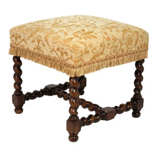 French Baroque Style Upholstered Walnut Stool With Carved Barley Twist Legs and H-Stretcher, Circa 1900 For Sale