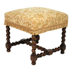 French Baroque Style Upholstered Walnut Stool With Carved Barley Twist Legs and H-Stretcher, Circa 1900