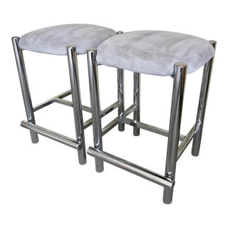 Baughman Style Chrome Tubular Counter Stools - A Pair For Sale