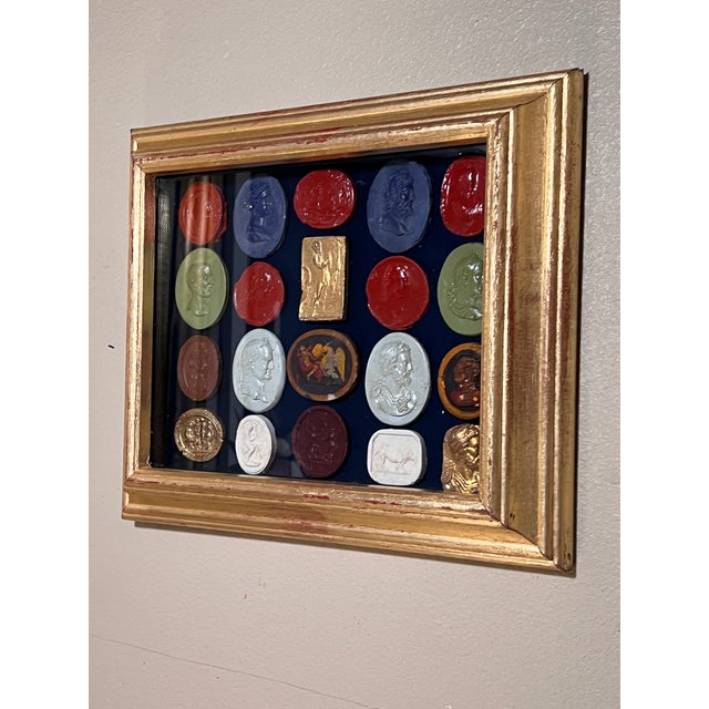 Italian Giltwood Shadow Box With Multicolor Grand Tour Neoclassical Intaglios and Cameos For Sale - Image 4 of 13
