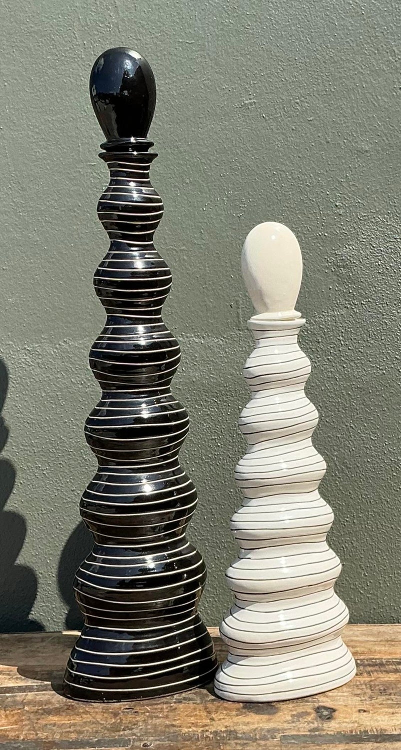 Vintage Tall Striped Studio Pottery Vases - Set of 2 - Detail view