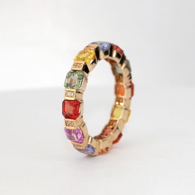 14k Gold Multi-Gemstone Ring With Asscher-Cut Sapphires For Sale - Image 13 of 18