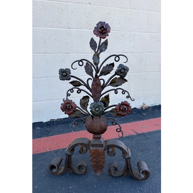 Pair of 19th Century Italian Wrought Iron Floral Andirons With Scroll Legs For Sale - Image 4 of 18