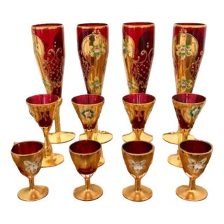Venetian Murano Tre Fuocchi Glasses with 24k Gold Leaf on Ruby Red Glass, 1920s, Set of 12 For Sale