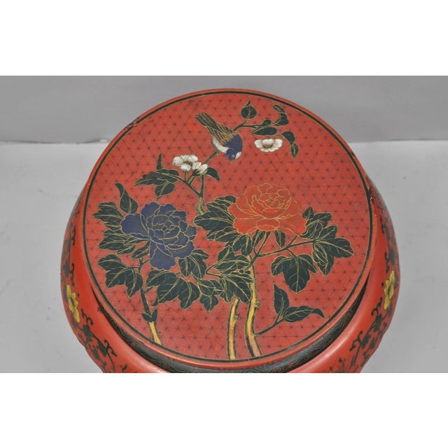 Vintage Chinoiserie Red Lacquer Pedestal Plant Stand Garden Stool Side Table (A) For Sale - Image 4 of 15