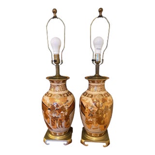 Japanese Asian Satsuma Hand Painted Vintage Lamps - A Pair For Sale
