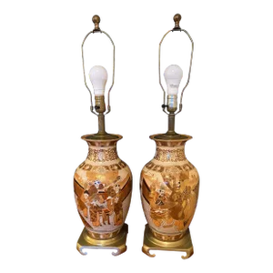 Japanese Satsuma Hand Painted Vintage Lamps - a Pair