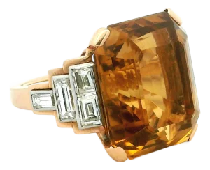 1980s Italian 18k Gold Citrine & Baguette Diamond Architectural Cocktail Ring, Size 6