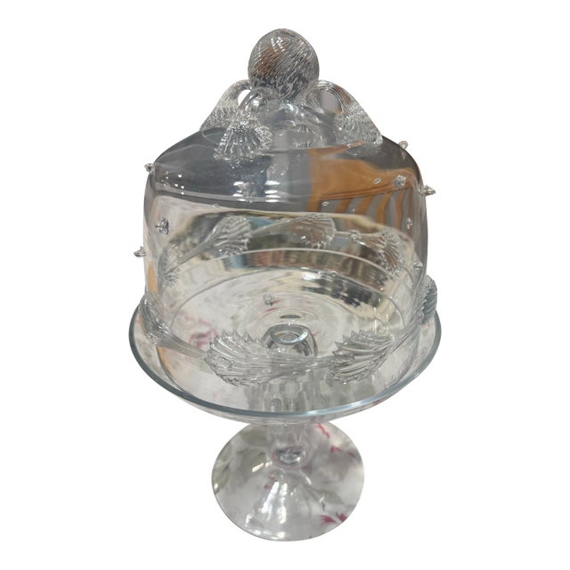 Discontinued Juliska “Ursula” Bohemian Glass Cake Stand With Dome, Signed (~7.5”) For Sale