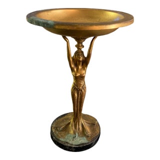 Antique Late 19th Century Brass Art Nouveau Woman Holding a Bowl For Sale