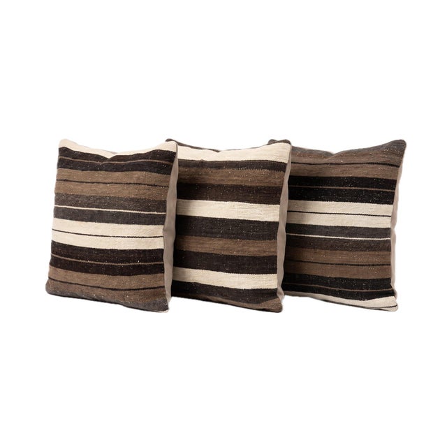 Mid-Century Modern Brown Striped Kilim Pillow Cover 19'' X 20'' - Set of Three For Sale - Image 3 of 4