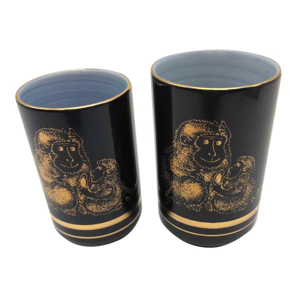 Vintage Japanese “Monkey Family” Blue Porcelain Teacup Set - a Pair ...
