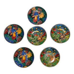 MCM Gump’s Tropical Rainforest Tiger and Toucan Pewter and Ceramic Plates - A Six Piece Set