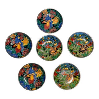 MCM Neiman Marcus Tropical Rainforest Tiger and Toucan Pewter and Ceramic Plates - A Six Piece Set For Sale