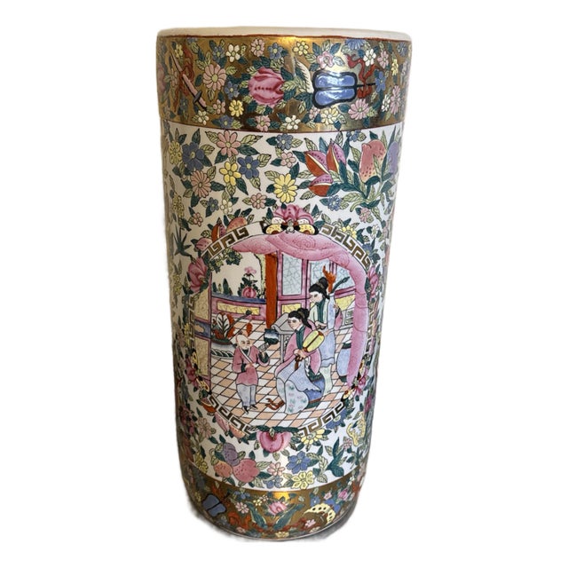 Vintage Pink and Gold Multicolor Chinoiserie Porcelain Umbrella Stand For Sale