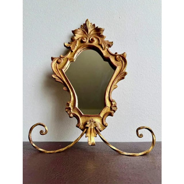 1950s Italian Florentine Rococo Vintage Gilded Wood Wall Mirror With Metal Towel Holder For Sale - Image 9 of 10