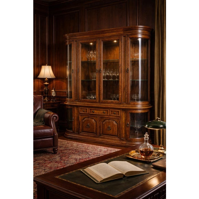 Mid 20th Century Large Mid-20th Century Colonial Revival Oak China Cabinet With Curved Glass Display Ends & Interior Lighting — Two-Piece Hutch For Sale - Image 5 of 11