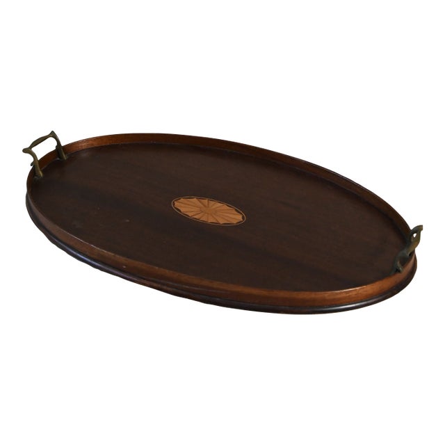 Antique English Mahogany Serving Tray With Walnut Inlay For Sale