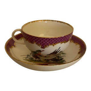 19th Century Meissen Hand-Painted Cup & Saucer Set- 2 Pieces For Sale